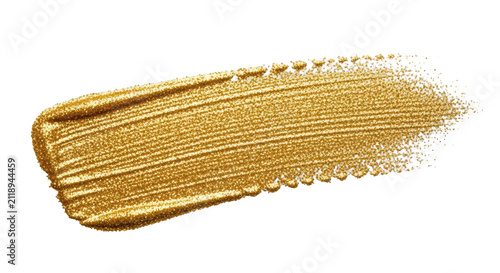 Ultra-photorealistic macro shot of a wide, textured, diagonal gold glitter brush stroke against a seamless transparent background with zero shadows and copy space. High-end festive design concept.