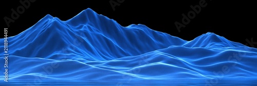 Abstract blue mountain range with glowing edges and reflective water surface against a black background