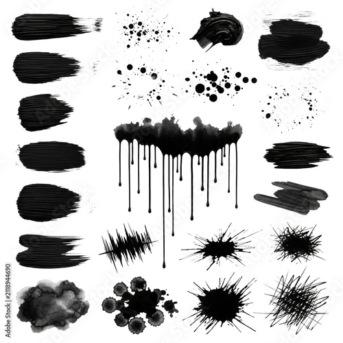 High-detail collection of matte black grunge textures including dry brush strokes, dense ink splatters, dripping runs, and jagged scratch marks, isolated flat lay composition. Concept for graphic