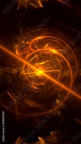 Orange fiery glowing swirling pattern of curved waves and rays on black background. Vertical abstract fractal video.