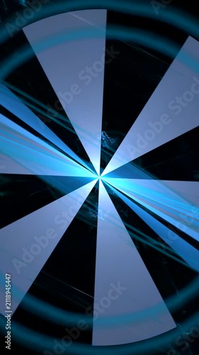 Blue glowing swirling pattern of curved waves and rays on black background. Vertical abstract fractal video.