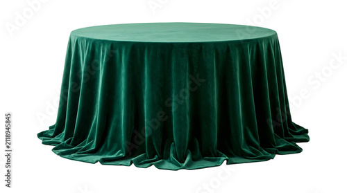 Cuadro en lienzo Tablecloth with luxurious dark green velvet draping over a round table for elega