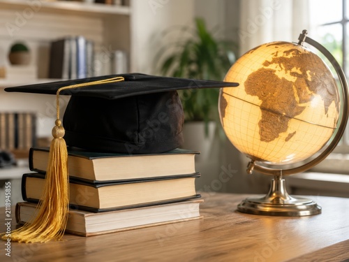 Academic Achievement Setting: A graduation cap rests atop a stack of textbooks, accompanied by a glowing globe, symbolizing knowledge and global education.