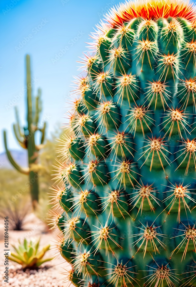 Fototapeta premium Close up of a green cactus with sharp spines and a red top in a desert landscape under a clear blue sky, Resilience and unique beauty of desert flora