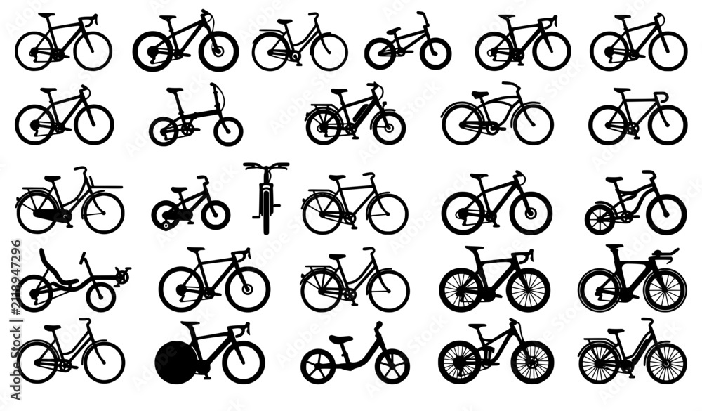 Fototapeta premium Bicycle Vector Icon Set Modern Bike Outline and Silhouette Collection Isolated on White Background