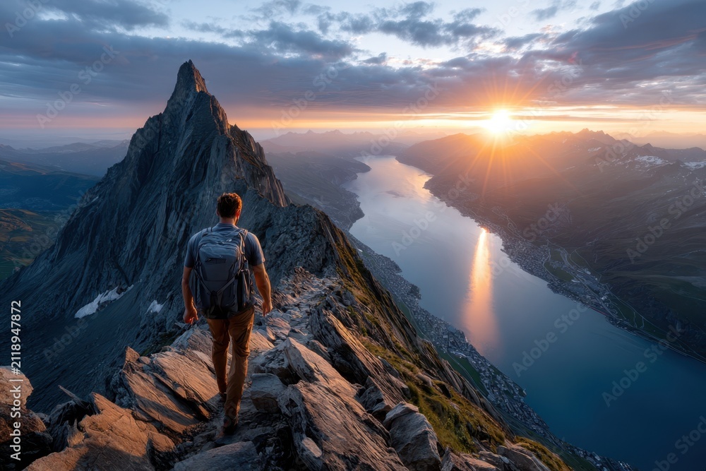 Fototapeta premium Hiker on mountain ridge at sunset over lake