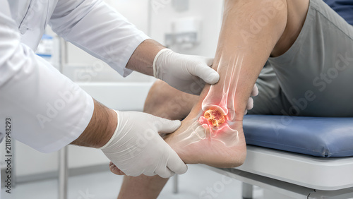 Ankle gout clinical procedure with urate crystal arthritis shown in a photorealistic medical illustration of inflamed ankle joint for healthcare education, clinic communication, and patient awareness