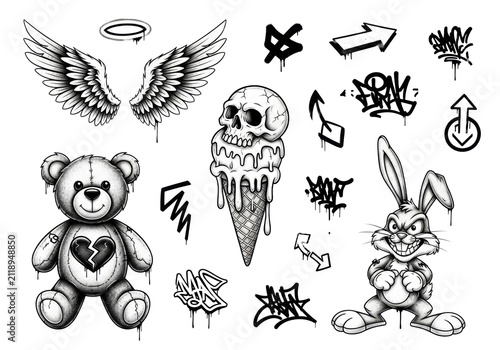 high-contrast black and white street art graphics (teddy bear, skull, rabbit, angel wings) with spray paint texture, arranged flat lay on a transparent studio background, concept of urban graphic