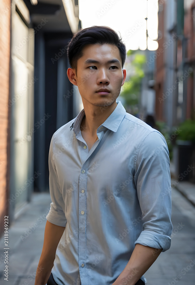 Fototapeta premium Young asian man in a light blue button-up shirt standing in an urban alleyway looking away from the camera, He looks away from the camera with a thoughtful expression