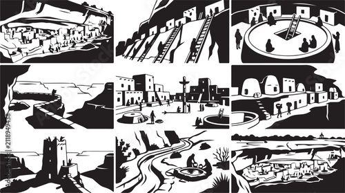 Fotografía A collection of nine black and white depicting ancestral puebloan cliff dwelling