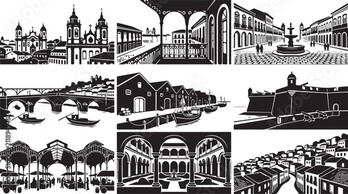 Foto A collection of nine black and white depicting historic colonial architecture, s