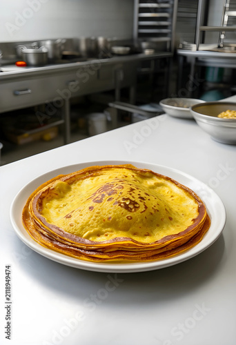 Stack of golden crepes on a...