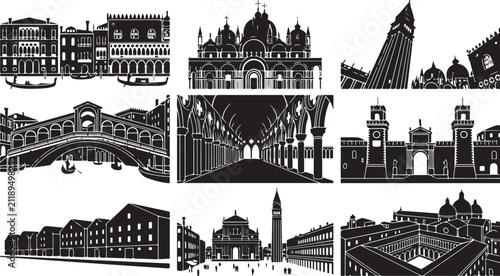 Obraz na płótnie Set of black silhouettes featuring iconic venetian landmarks, including the rialto bridge, st