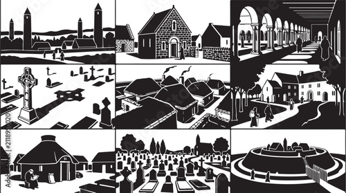 Obraz na płótnie Set of nine black and white depicting medieval monastic life, featuring stone ch