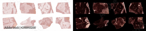 Distressed rose gold adhesive tape strips with wrinkled texture and realistic peeled edges. Set of grunge duct tape and masking sticker elements for scrapbook, collage art, branding, and digital