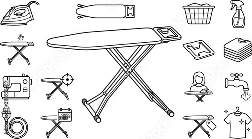 Obraz na płótnie Ironing board and laundry equipment line icons set, steam iron and clothes care