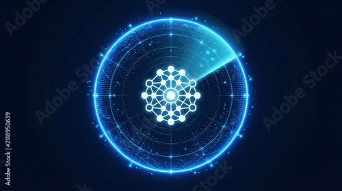 Digital HUD Radar Interface Scanning Central Network Node Icon with Glowing Tech Particles and AI Circuit Background

