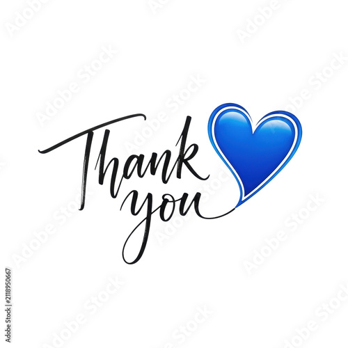 Overhead view of textured black ink calligraphy 'thank you' text and a smooth, saturated blue heart graphic, isolated on a transparent background with no shadows. Concept of appreciation graphic