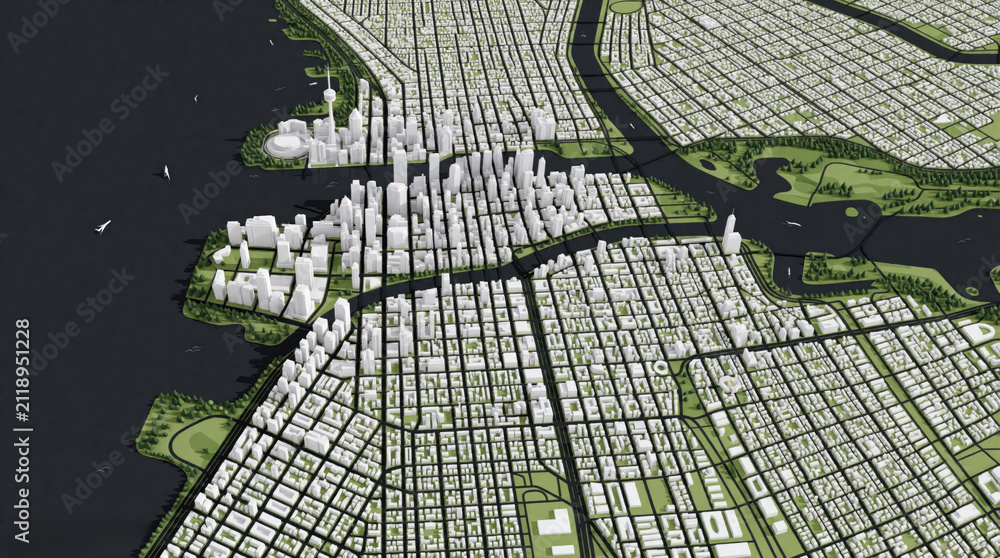 Fototapeta premium Aerial view 3D map of Toronto city with skyscraper buildings. Urban landscape layout shows streets rivers, parks. Modern metropolis design model illustrates town infrastructure traffic blocks,