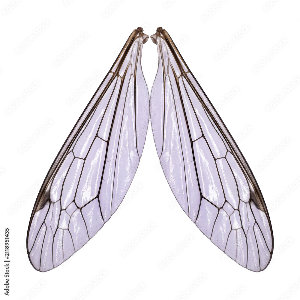 Obraz premium Violet tinted crane fly translucent wing pair with dark vein grid isolated on a solid transparent background, graphic insect element.