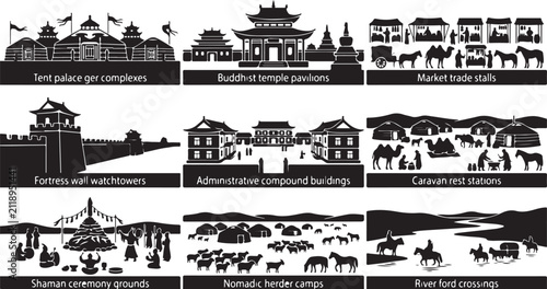 Konstfotografi Set of nine black silhouette depicting historical mongolian life, including budd