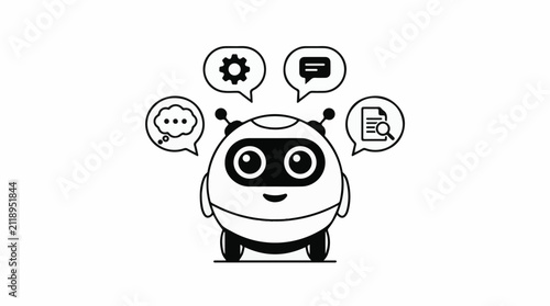A cute robot with thought bubbles showing gears speech and a magnifying glass