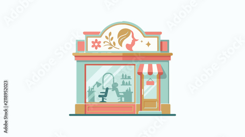 A cute storefront with a stylized face and flower on the facade