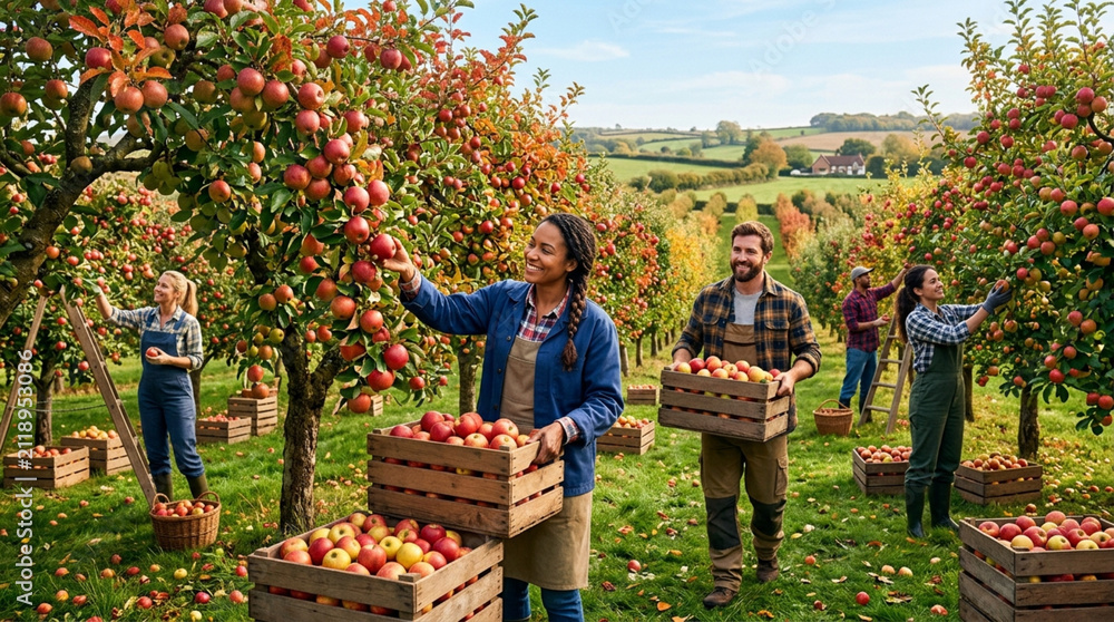 Fototapeta premium Apple Orchard Harvest: Diverse Farmers Picking Ripe Fruit in Autumn