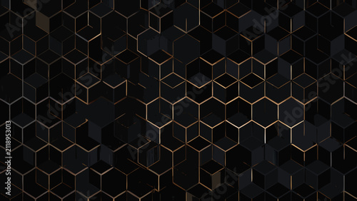 hexagon grid pattern with gold accents on black background geometric design modern abstract art texture repeating shapes