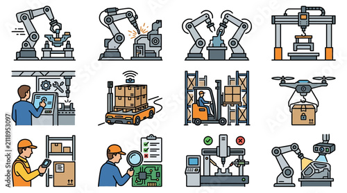 Minimalist Illustrations of Modern Industrial Automation and Quality Control Processes with high quality professional line art symbols for modern creative design and digital branding projects