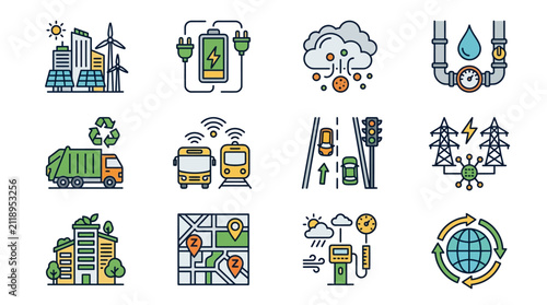 Creative Colorful Smart City Infrastructure Icons Set Showcasing Renewable Energy Waste Management IoT and Sustainability