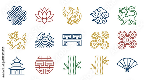 Fotografie Asian cultural symbols and patterns illustration.