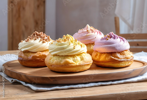 Four colorful cream puffs w...