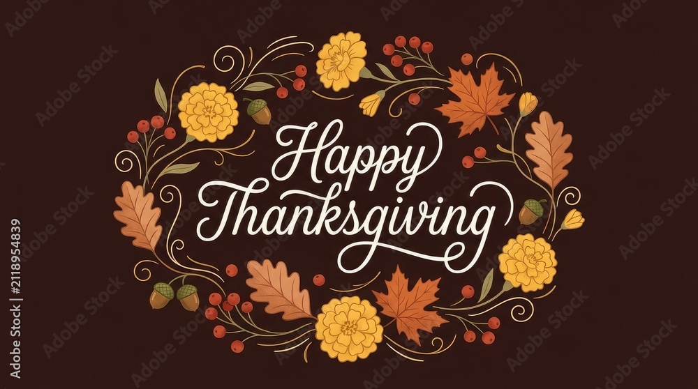 Fototapeta premium Autumnal Wreath with Happy Thanksgiving Text on Dark Background