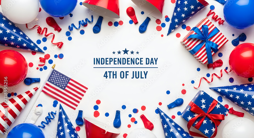 Obraz premium Independence Day celebration with American flags and fireworks. Patriotic 4th of July party decorations with red, white, and blue confetti and ball...