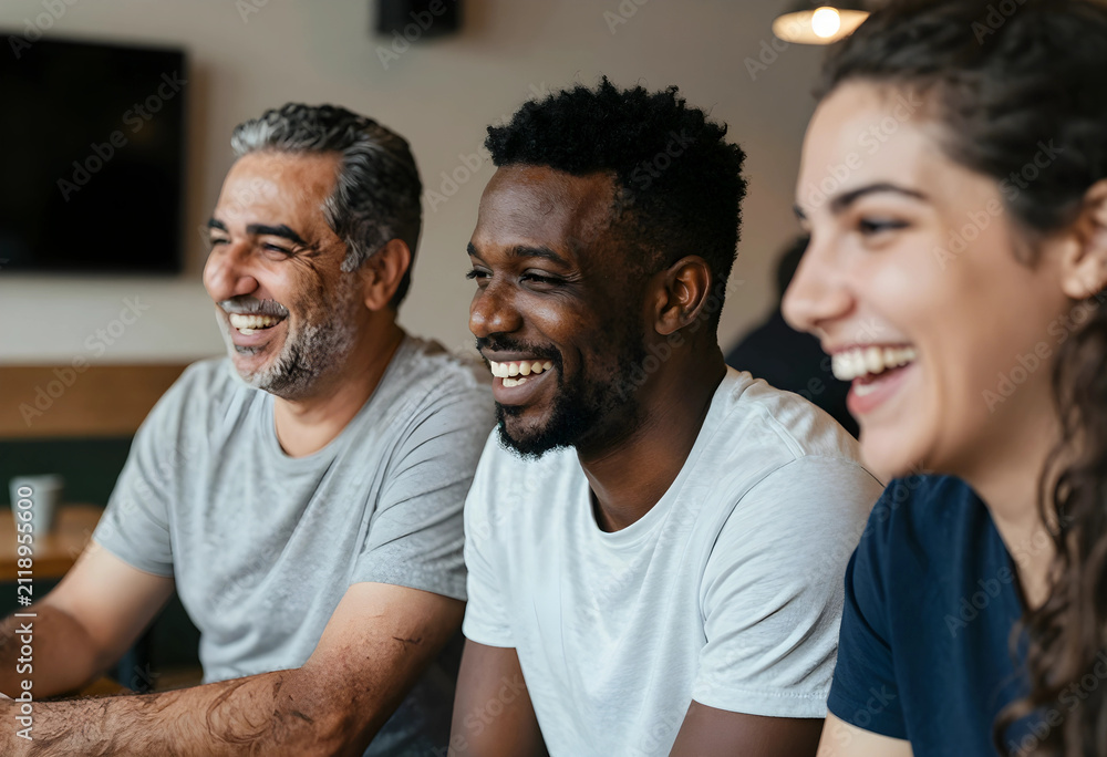 Fototapeta premium Diverse group of happy friends laughing together in a casual setting, enjoying social interaction and positive emotions