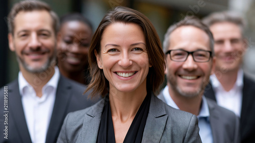 Lächelndes Business-Team blickt selbstbewusst in die Kamera