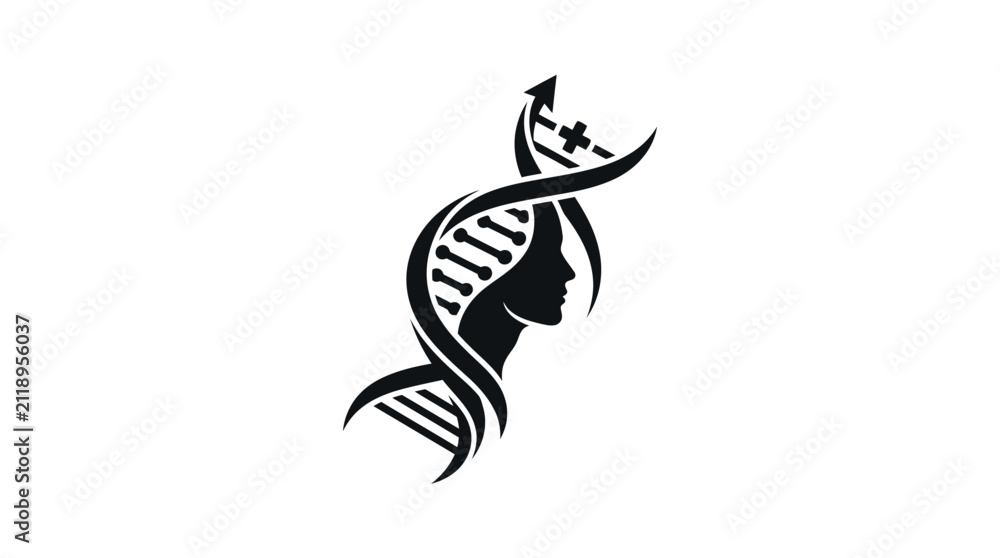 Fototapeta premium Human profile silhouette merges with a complex DNA strand.