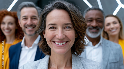 Lächelndes Business-Team blickt selbstbewusst gemeinsam in die Kamera