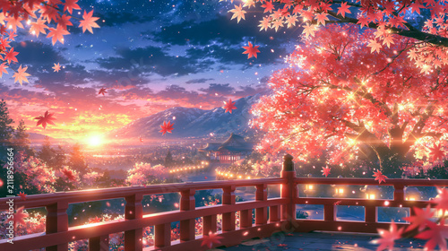 鮮やかな紅葉が舞う夕暮れ時の日本の寺院のテラス。美しい夕日と星空が交差する山々の風景を背景にした、幻想的でノスタルジックな秋の夜の始まりを表現したアニメ調のイラスト。