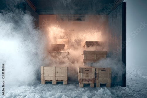 The interior of a refrigerated delivery truck loaded with plain crates and cold vapor. Logistics packaging concept.