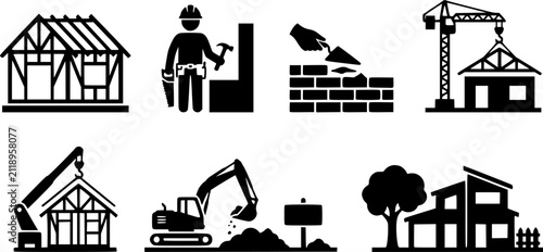 Flat vector icon set of new home construction objects, solid black silhouette shapes, plain white background, bold clean edges