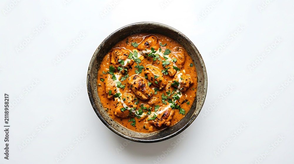 © YESI - Delicious creamy chicken curry with herbs served in a black bowl on a white background