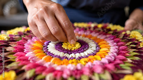 Hands placing yellow flower on circular silleta arrangement, medellin flower festival craft, silletero artisan tradition, colorful floral mandala, colombian feria de las flores heritage