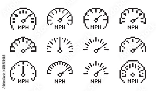 Foto Collection of pixel art speedometers showing different speed levels and mph indicators
