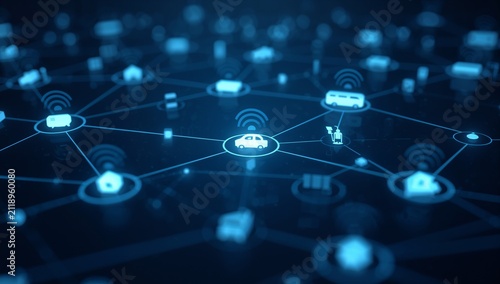Connected autonomous vehicle network with blue digital icons
