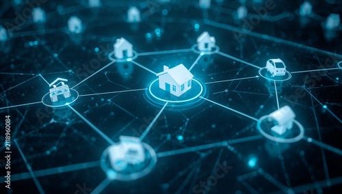Connected smart home network with digital house and car icons