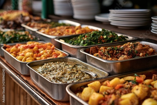 Buffet table filled with various delicious food dishes in serving trays at restaurant event.