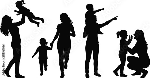 Mother and Child Silhouettes Set Featuring Happy Family Moments, Playing, Walking, and Piggyback Vector Illustration