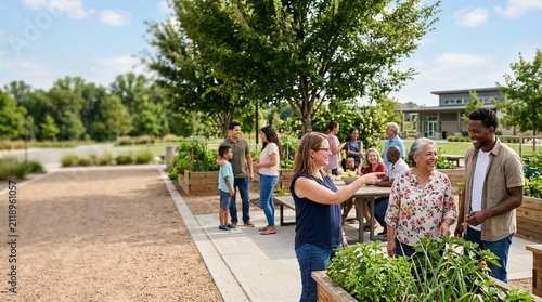 Diverse Community Group Engaging in Sustainable Urban Gardening and Social Interaction at a Public Greenhouse Facility